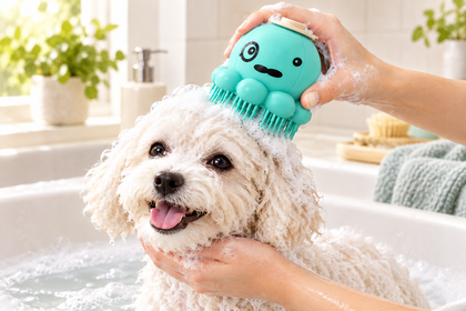 White Poodle being bathed with the silicone dog bath brush