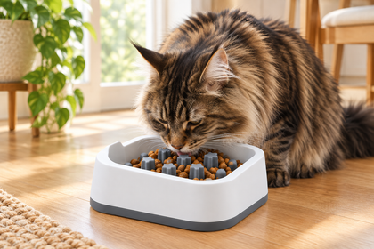 Maine Coon cat eating from the Star Slow Feeder Cat Bowl