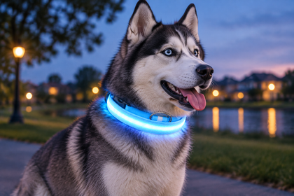 Siberian Husky wearing the LED light-up dog collar at dusk