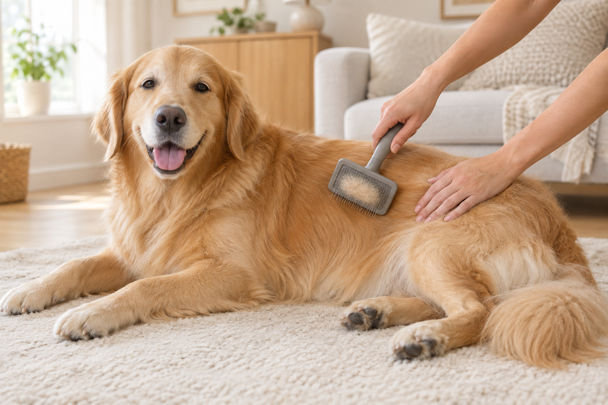 Person gently brushing a shedding golden retriever with a slicker brush at home