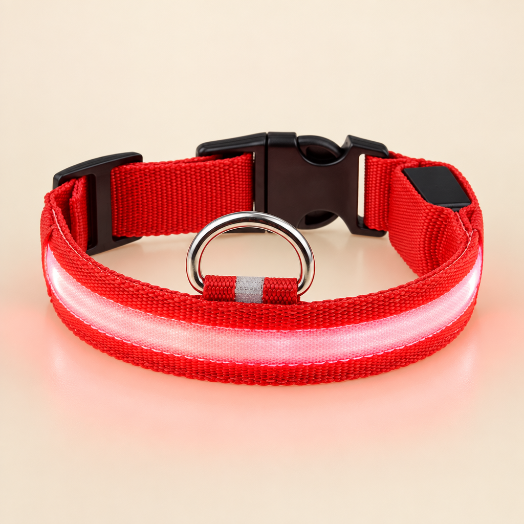 Dog wearing a glowing LED light-up collar