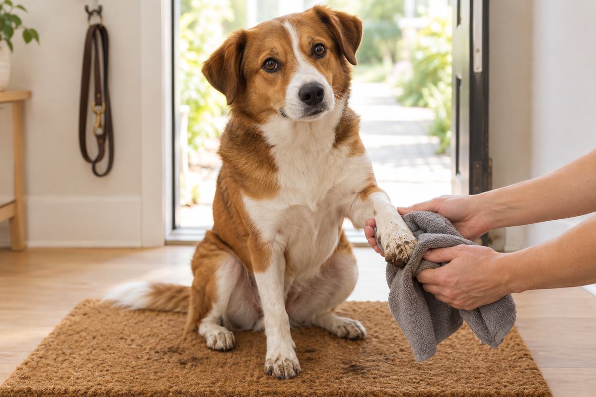 Person wiping a dog's muddy paw with a microfiber towel at the front door