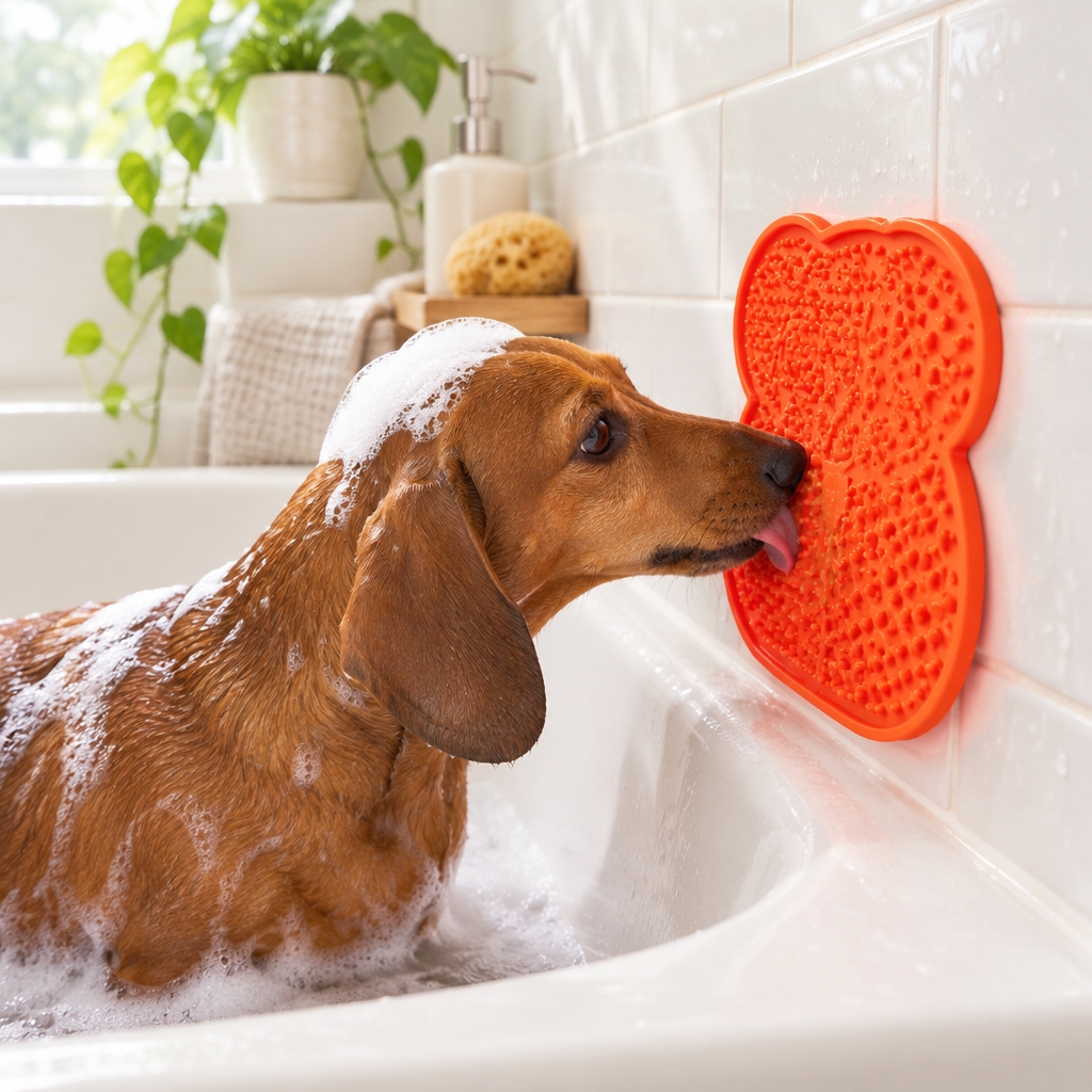 Dachshund using a lick mat during bath time