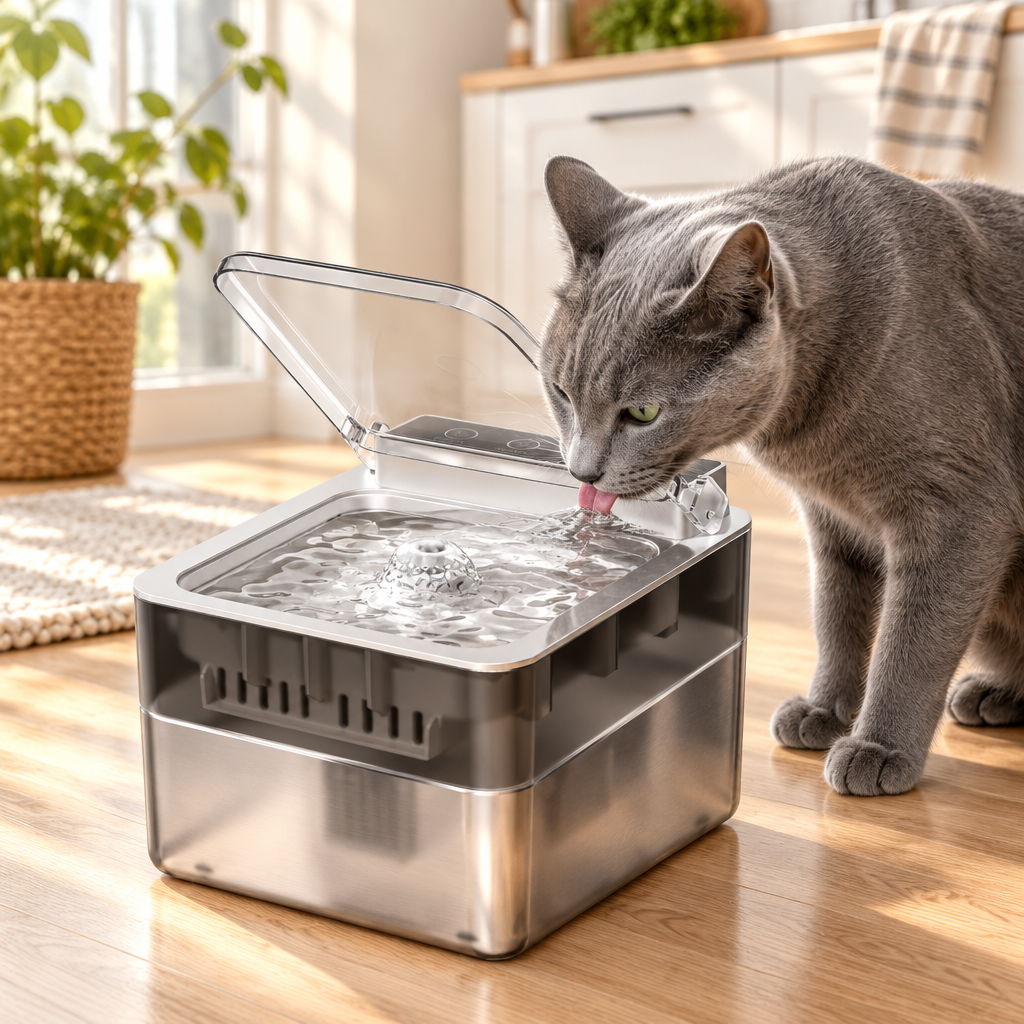 Russian Blue cat drinking from a stainless steel water fountain