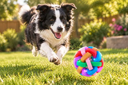 Border Collie chasing the light-up bouncy dog ball in a backyard