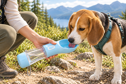 Beagle drinking from the portable dog water bottle on a hiking trail