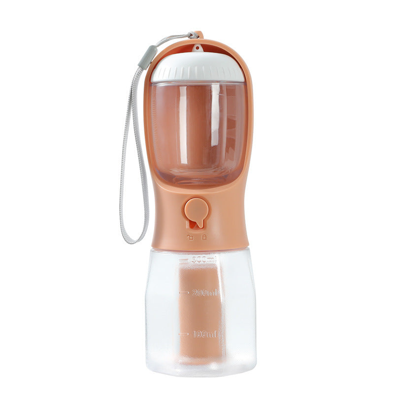 3-in-1 portable dog water bottle in Orange Pink with food cup and poop bag holder