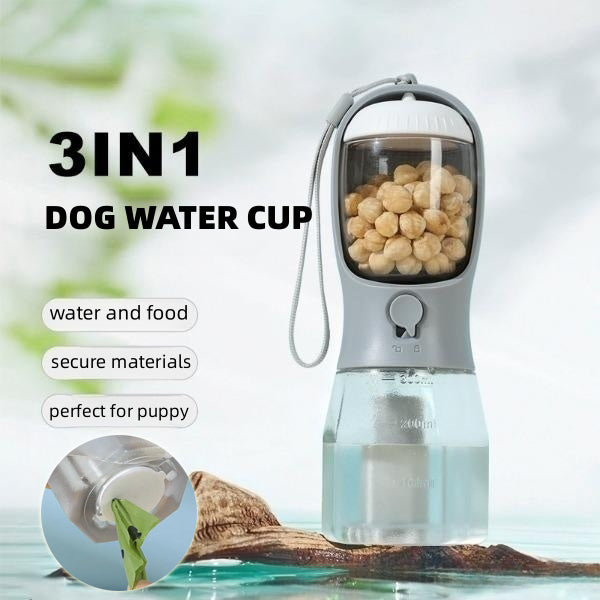 3-in-1 portable dog water bottle in gray with food compartment and poop bag holder