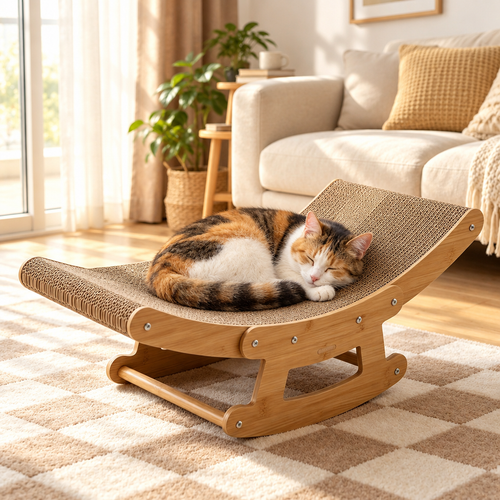 Calico cat napping in the rocking scratcher lounge