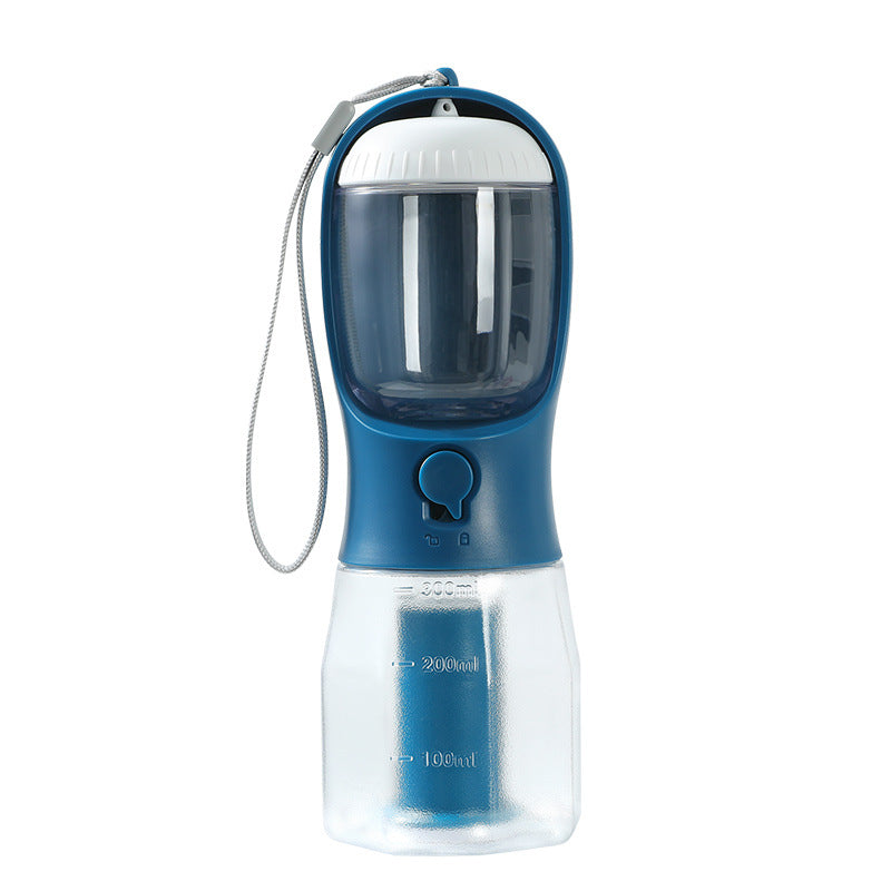 3-in-1 portable dog water bottle in Ink Blue with food cup and poop bag holder
