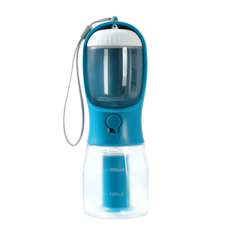 3-in-1 portable dog water bottle in Indigo with food cup and poop bag holder