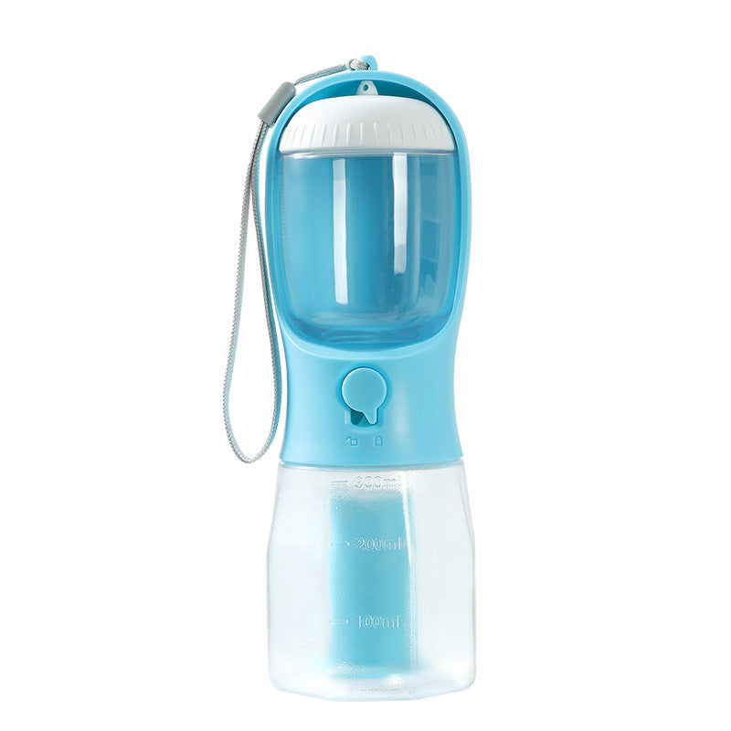 3-in-1 portable dog water bottle in Turquoise with food cup and poop bag holder