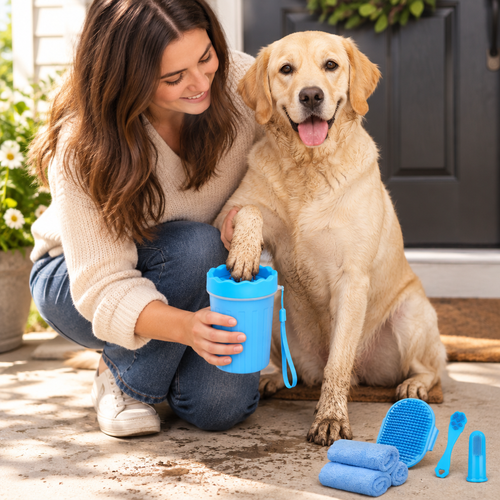 Cleaning a muddy Labrador's paw with the portable paw washer