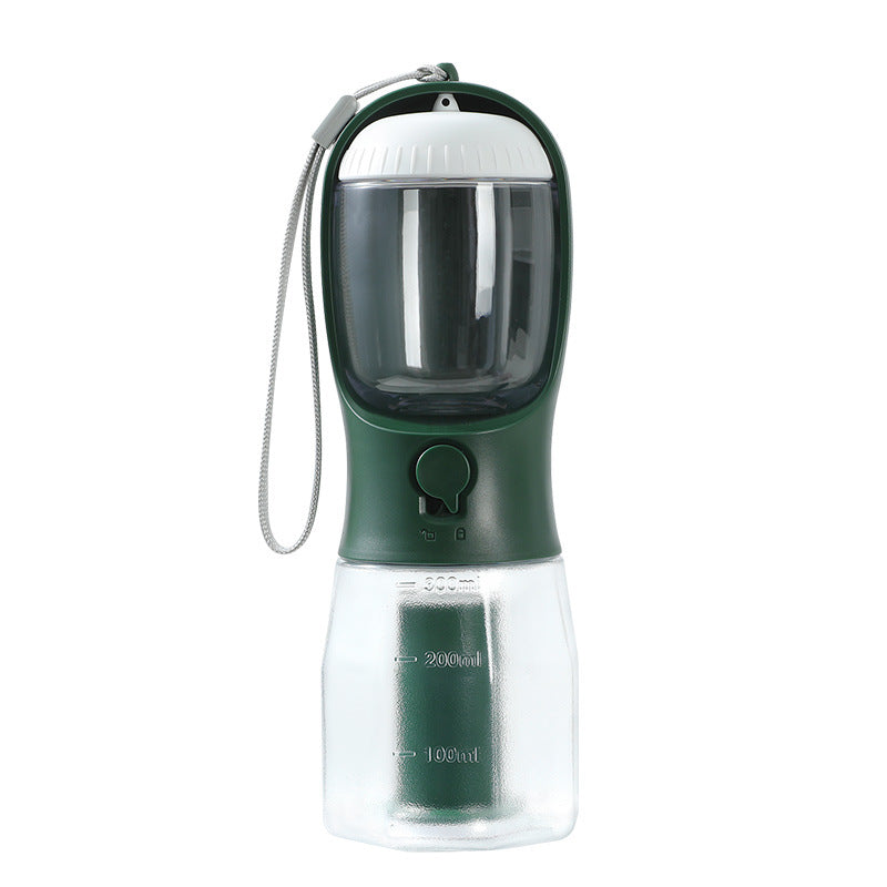 3-in-1 portable dog water bottle in Dark Green with food cup and poop bag holder