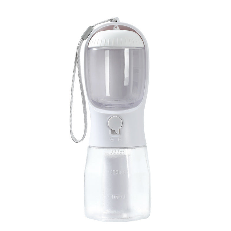3-in-1 portable dog water bottle in Milky White with food cup and poop bag holder
