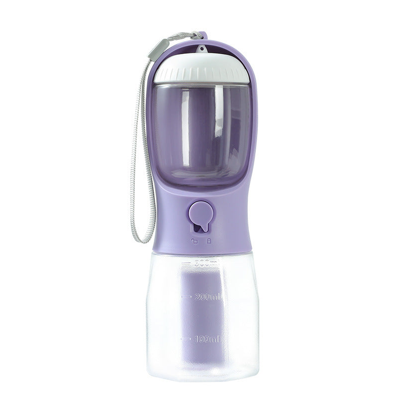 3-in-1 portable dog water bottle in Wisteria Purple with food cup and poop bag holder