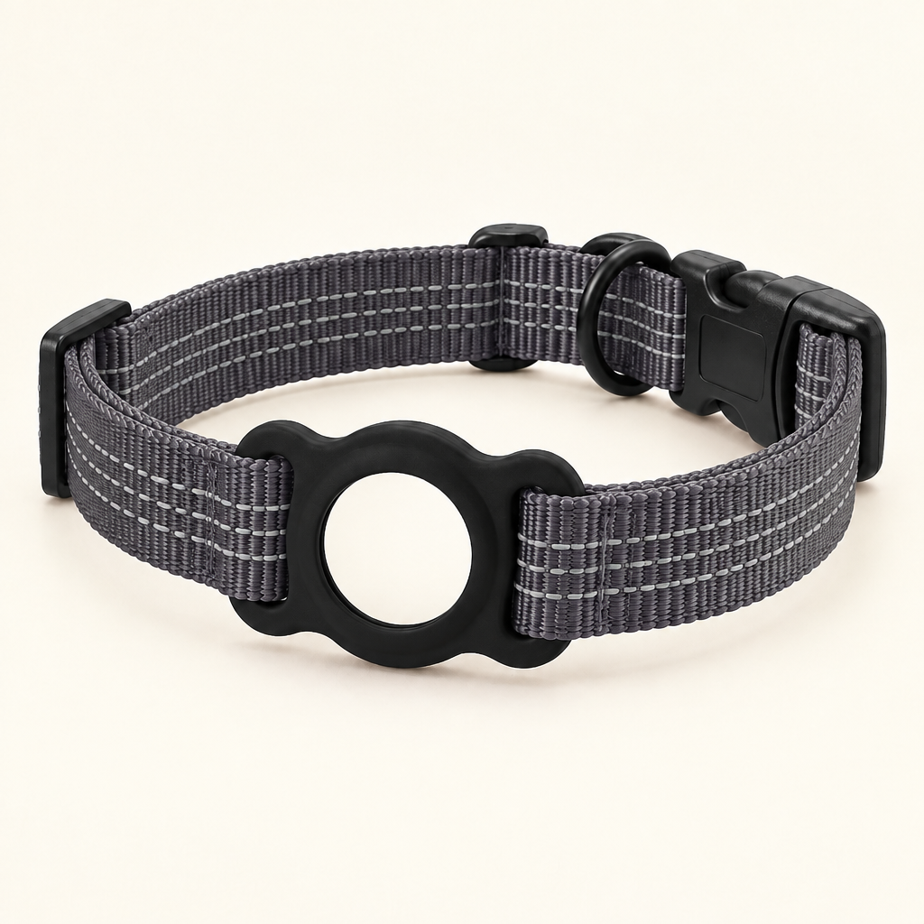 AirTag Holder Dog Collar in Dark Grey, with empty holder