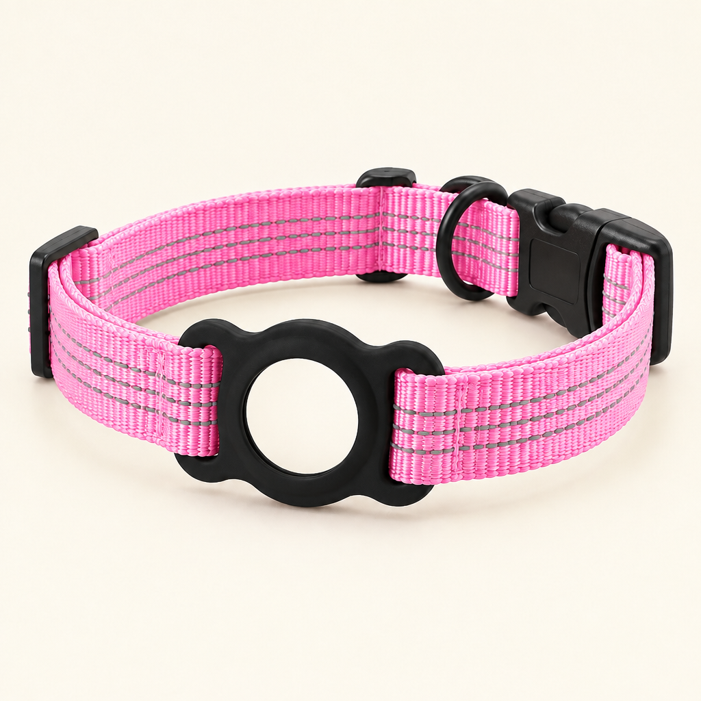 AirTag Holder Dog Collar in Pink, with empty holder
