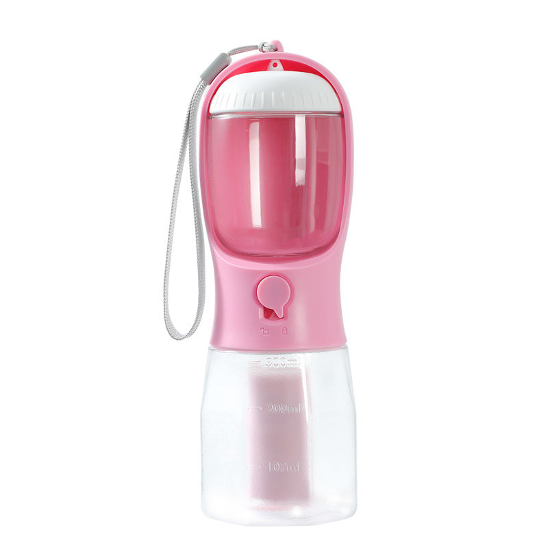3-in-1 portable dog water bottle in Cherry Blossom Pink with food cup and poop bag holder