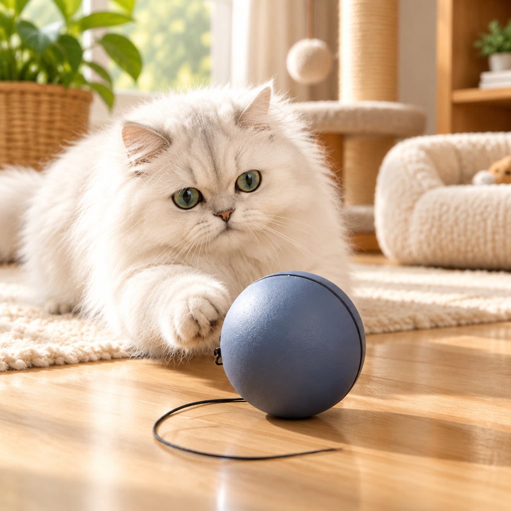 Automatic Rolling Ball Cat Toy in a cozy indoor cat play area with natural window light.