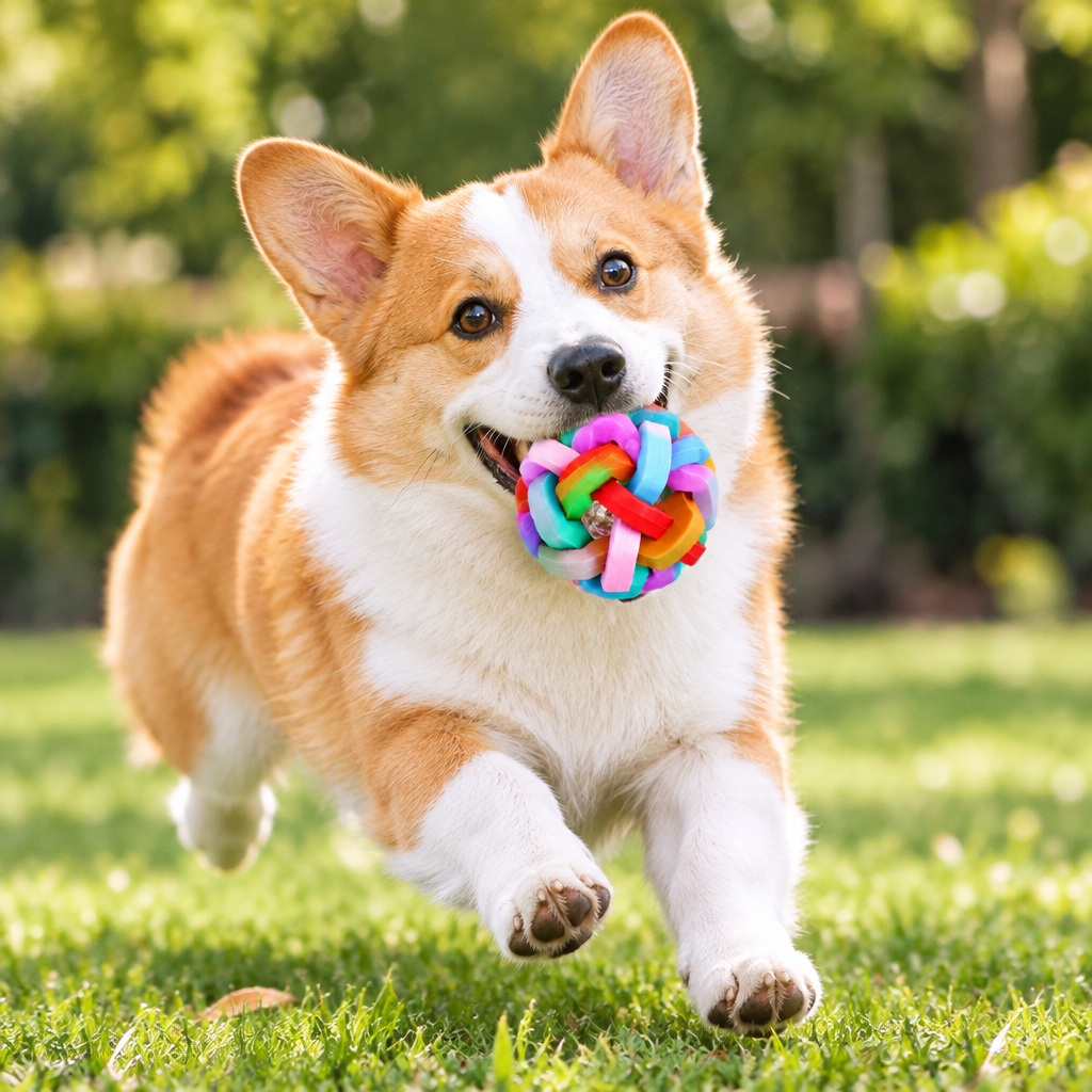 Dog using the Light-Up Bouncy Dog Ball with Bells during an outdoor fetch game.
