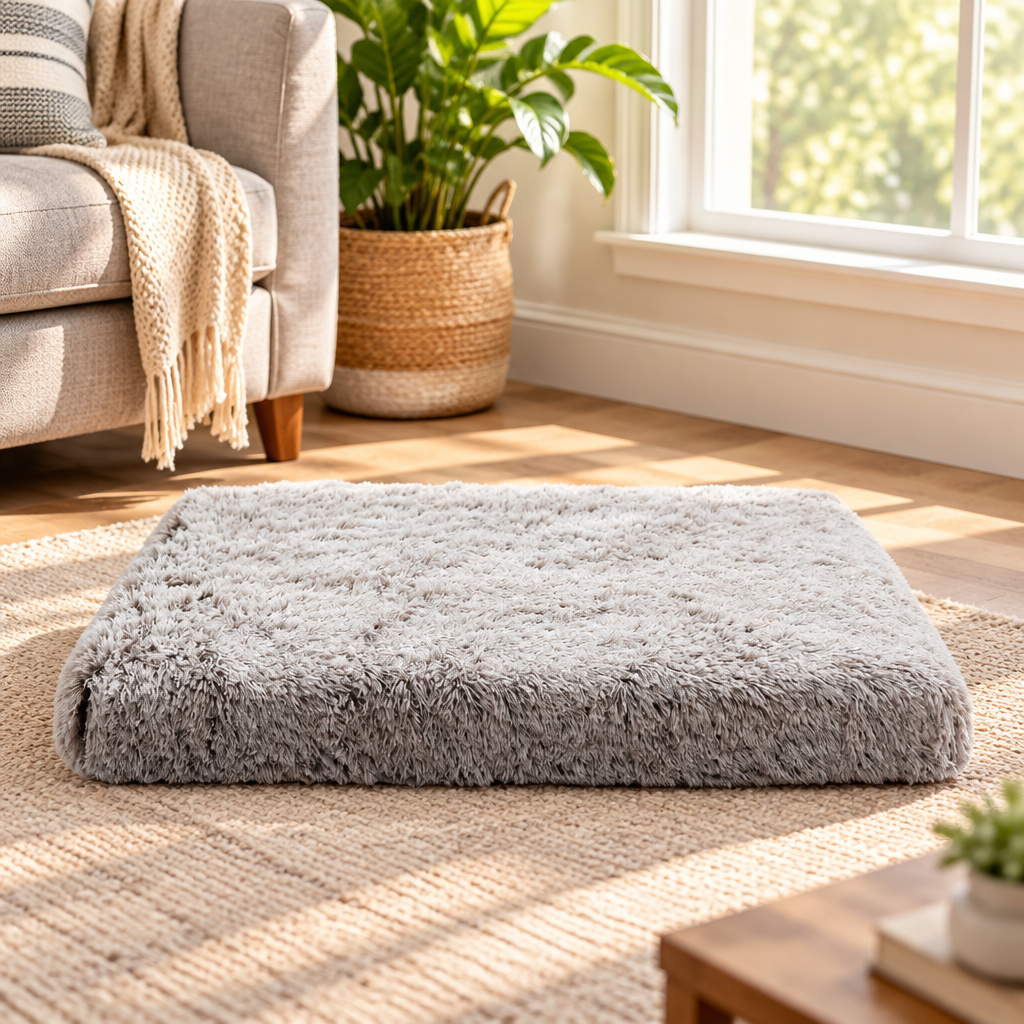 Plush Nest Dog Bed in a calm sunlit living room beside a window.