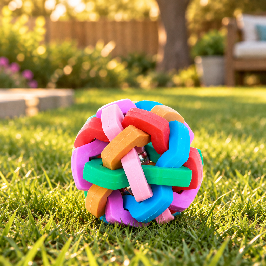 Light-Up Bouncy Dog Ball with Bells in a sunny backyard play setting for dogs.