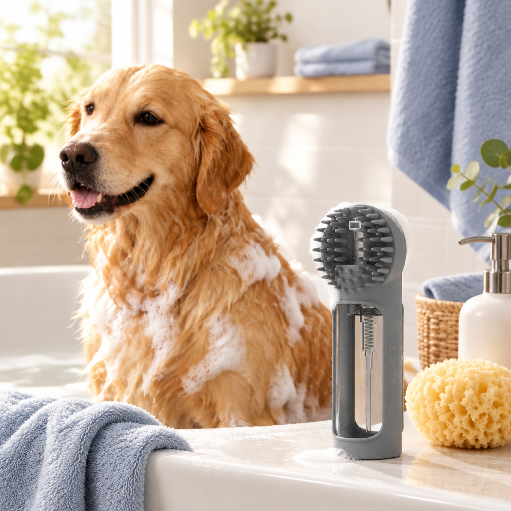 Foaming Silicone Pet Bath Brush in a calm sunlit home washroom with a dog or cat nearby.