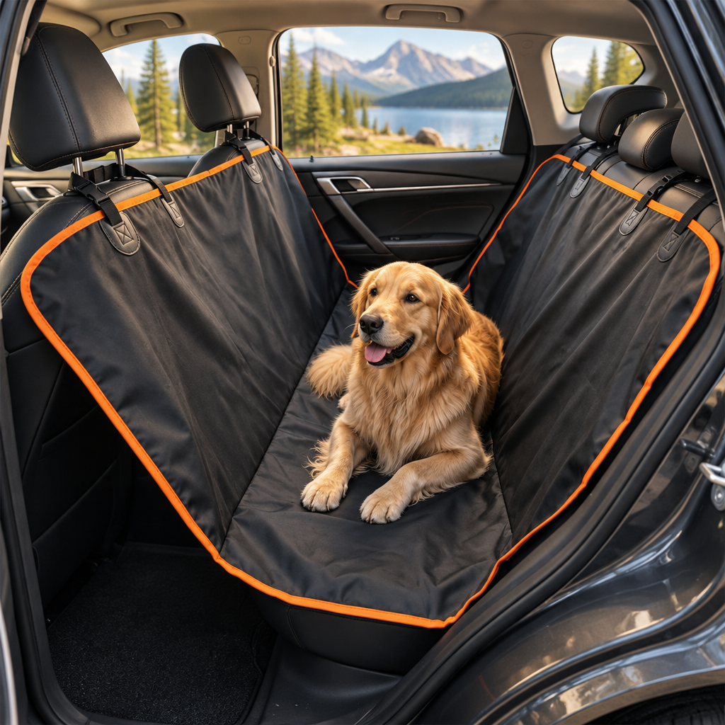 Waterproof Dog Car Seat Cover installed in a clean vehicle at a scenic outdoor destination with a dog nearby.
