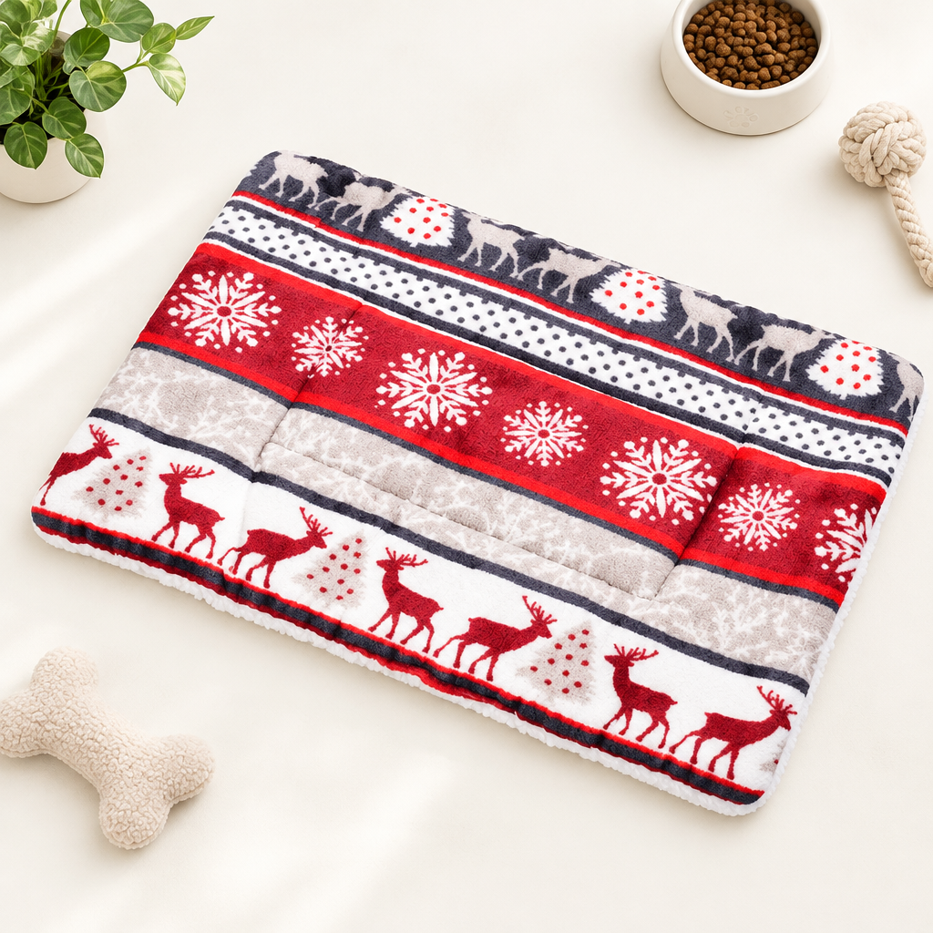 Bright minimal top-down flat lay of the Cozy Fleece Dog Blanket Mat on a clean neutral surface.