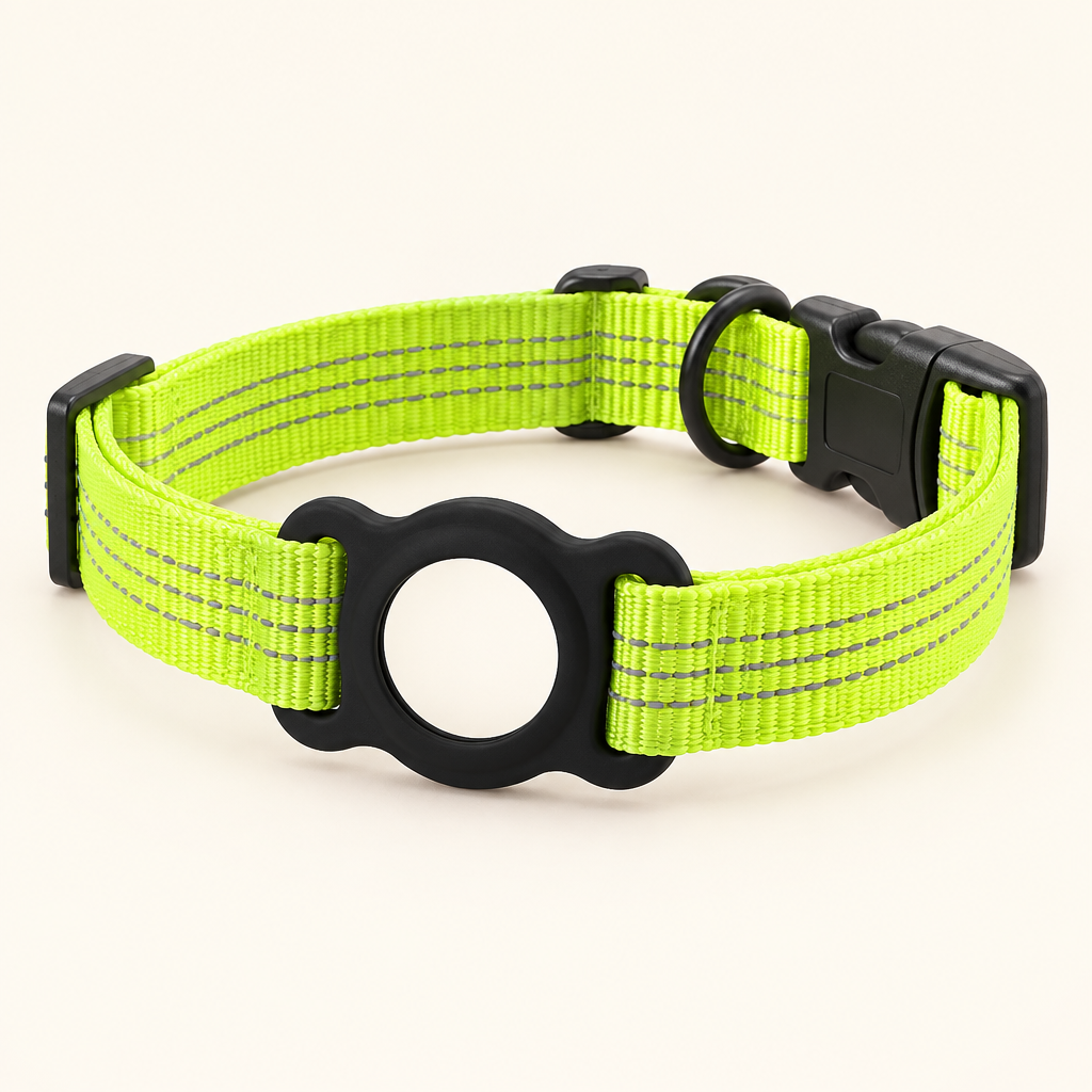 Neon green dog collar on cream background with empty round AirTag holder and black buckle