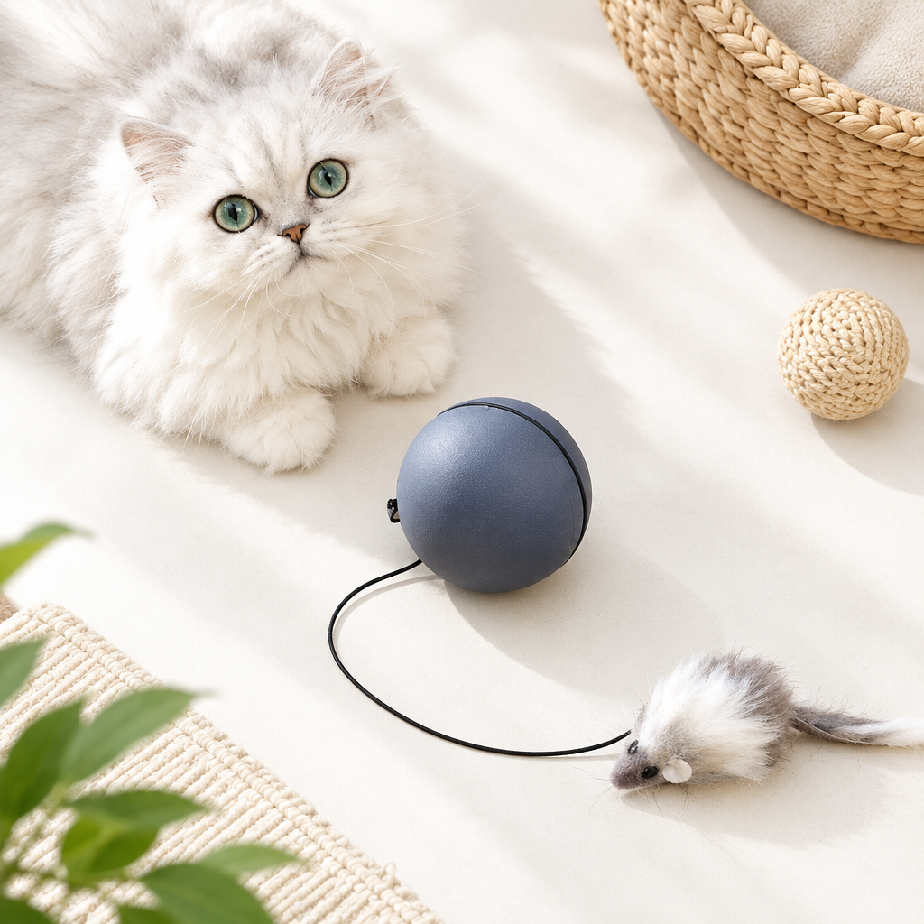 Bright minimal top-down flat lay of the Automatic Rolling Ball Cat Toy on a clean neutral surface.