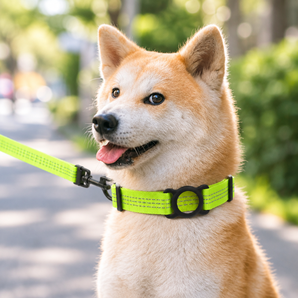 Dog on a walk wearing a neon green collar with an empty round AirTag holder