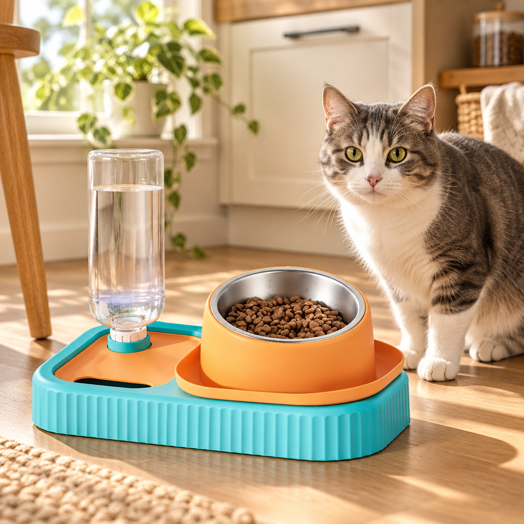 Elevated cat and dog bowl set with gravity water dispenser in a cozy kitchen with a pet nearby.