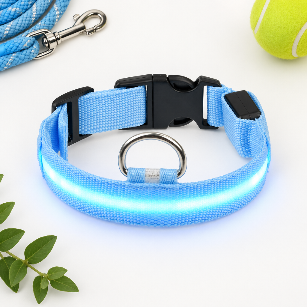 Bright minimal top-down flat lay of the LED Light-Up Dog Collar on a clean neutral surface.