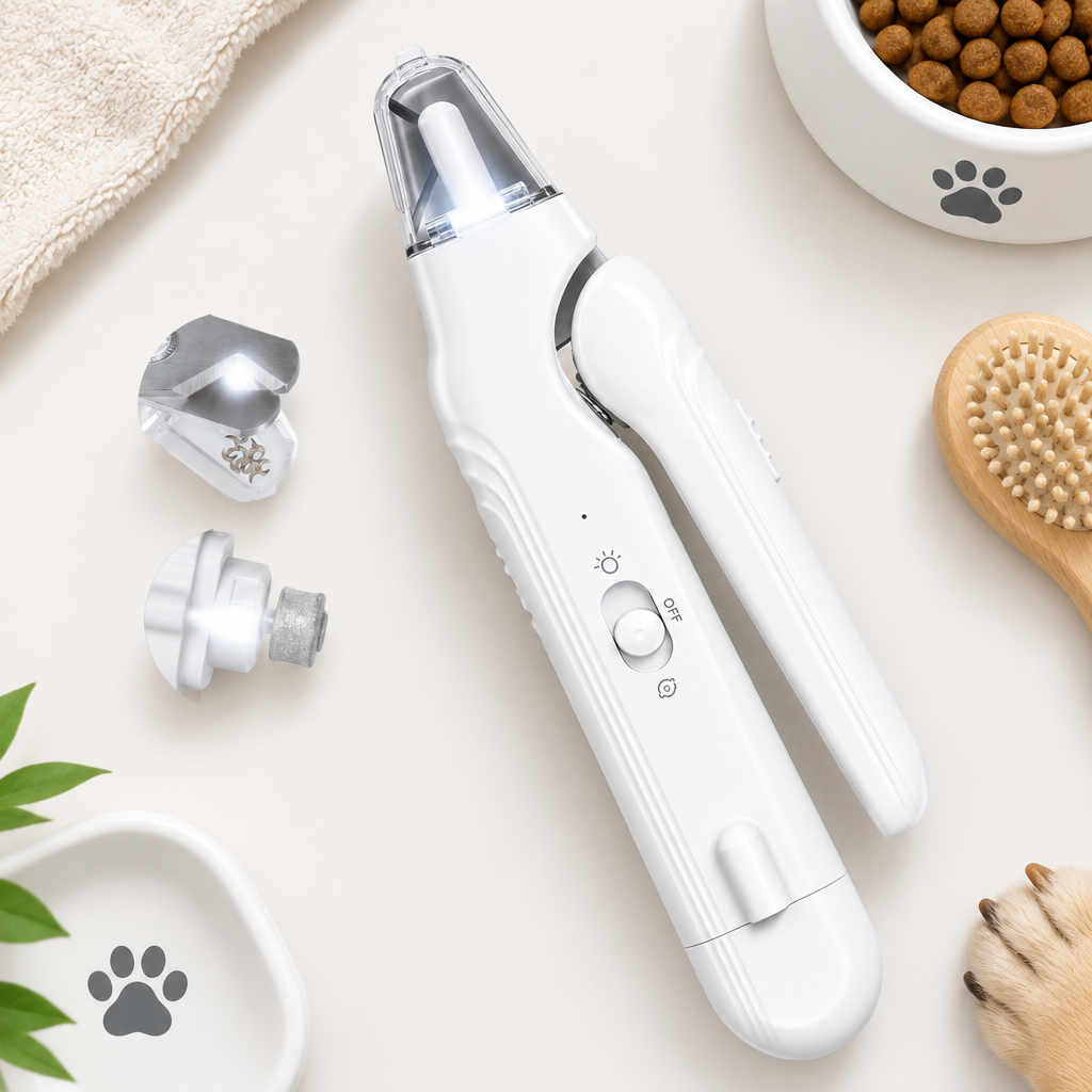 Bright minimal top-down flat lay of the 2-in-1 Pet Nail Grinder and Clipper with LED Light.