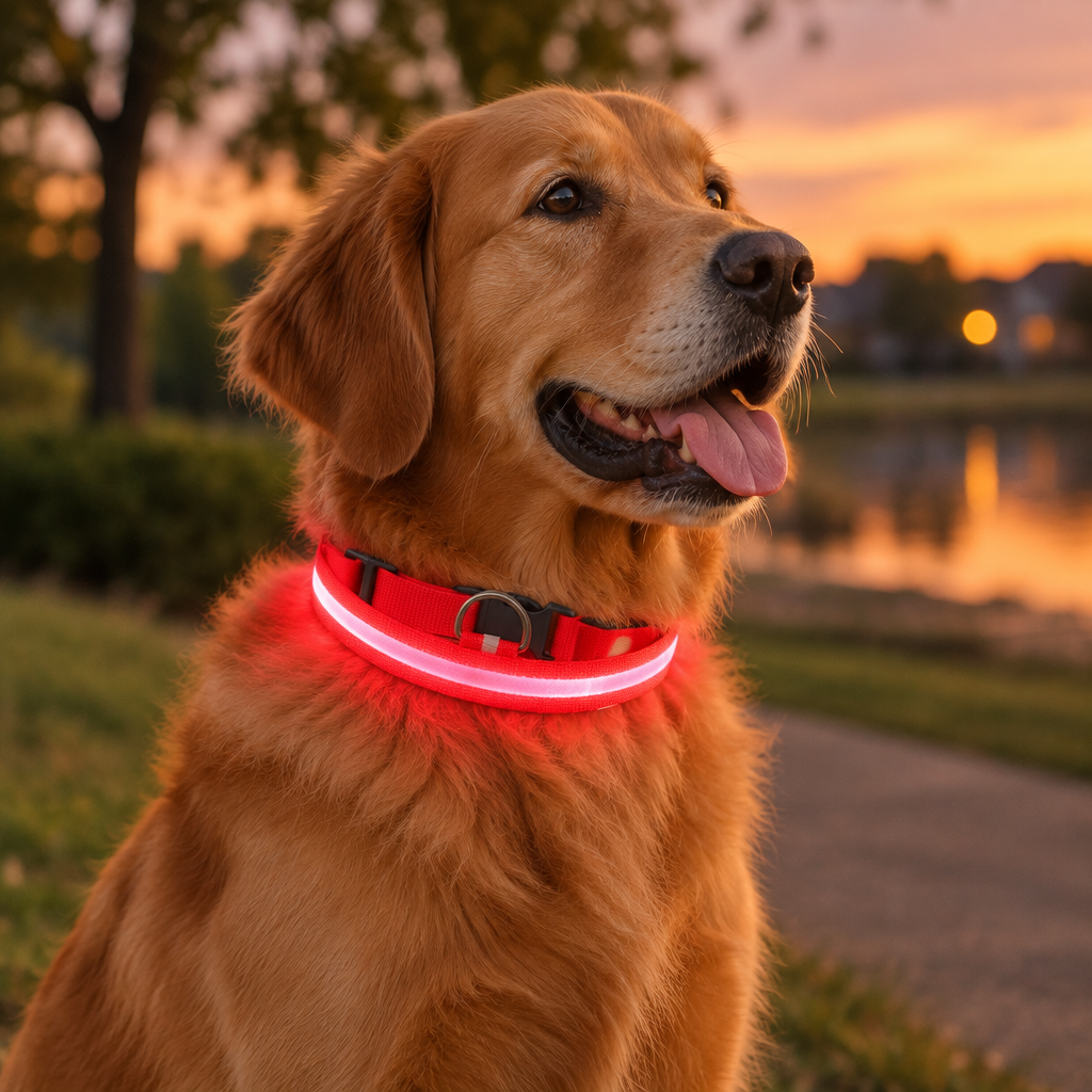 Dog wearing the LED Light-Up Dog Collar in a calm dusk park setting.