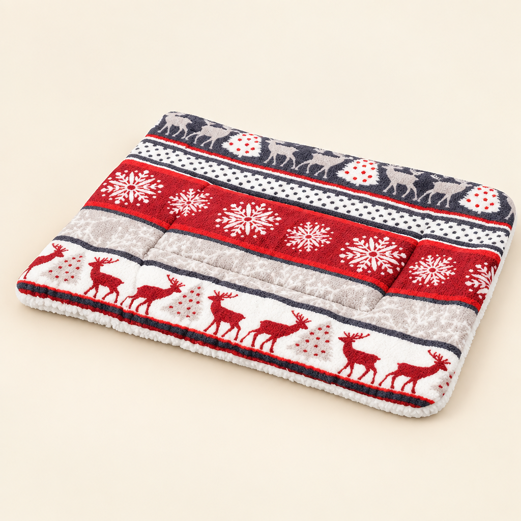 Cozy Fleece Dog Blanket Mat with deer and leopard print options on a soft cream background in a clean studio setting.