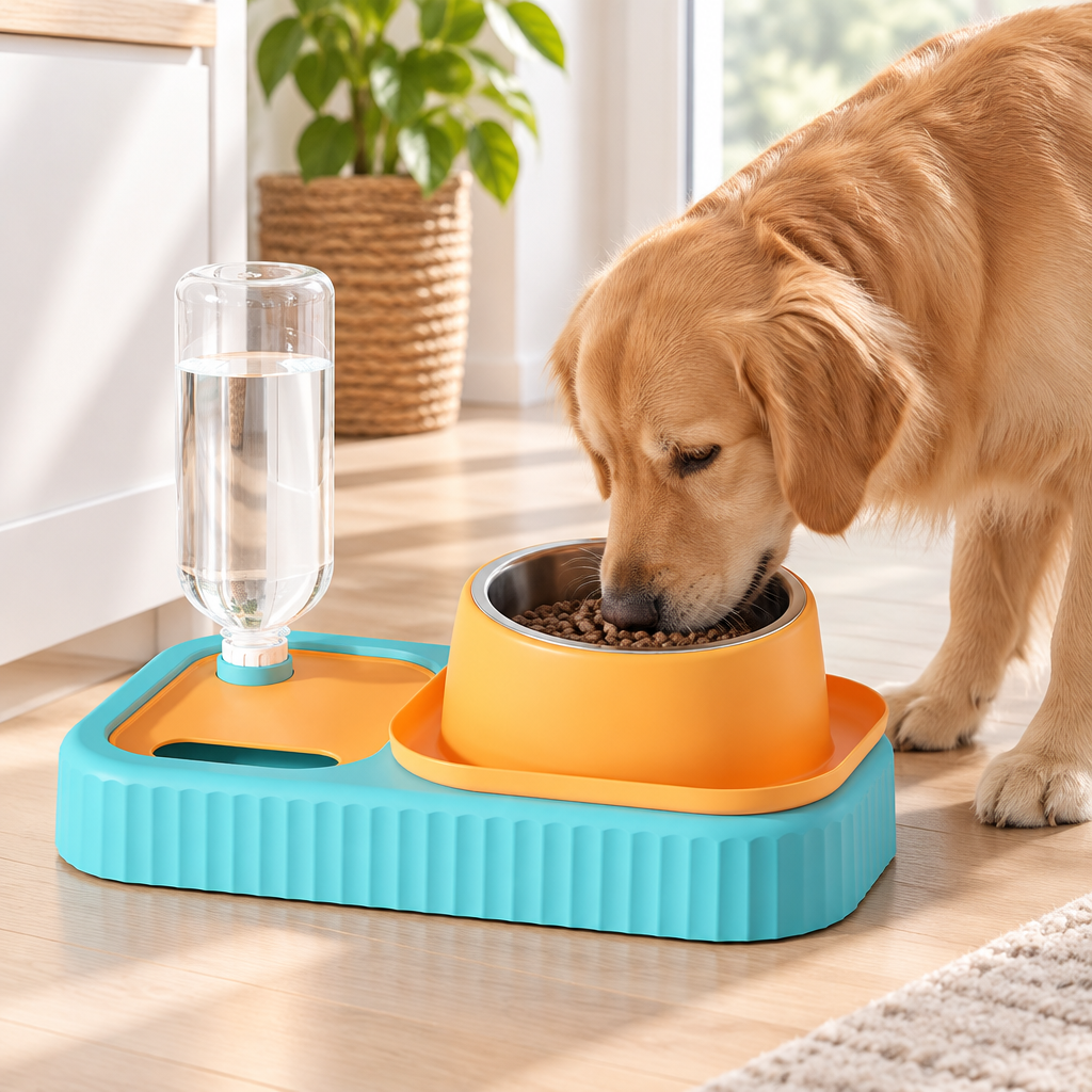 Dog eating or drinking from the elevated cat and dog bowl set in a bright home feeding area.