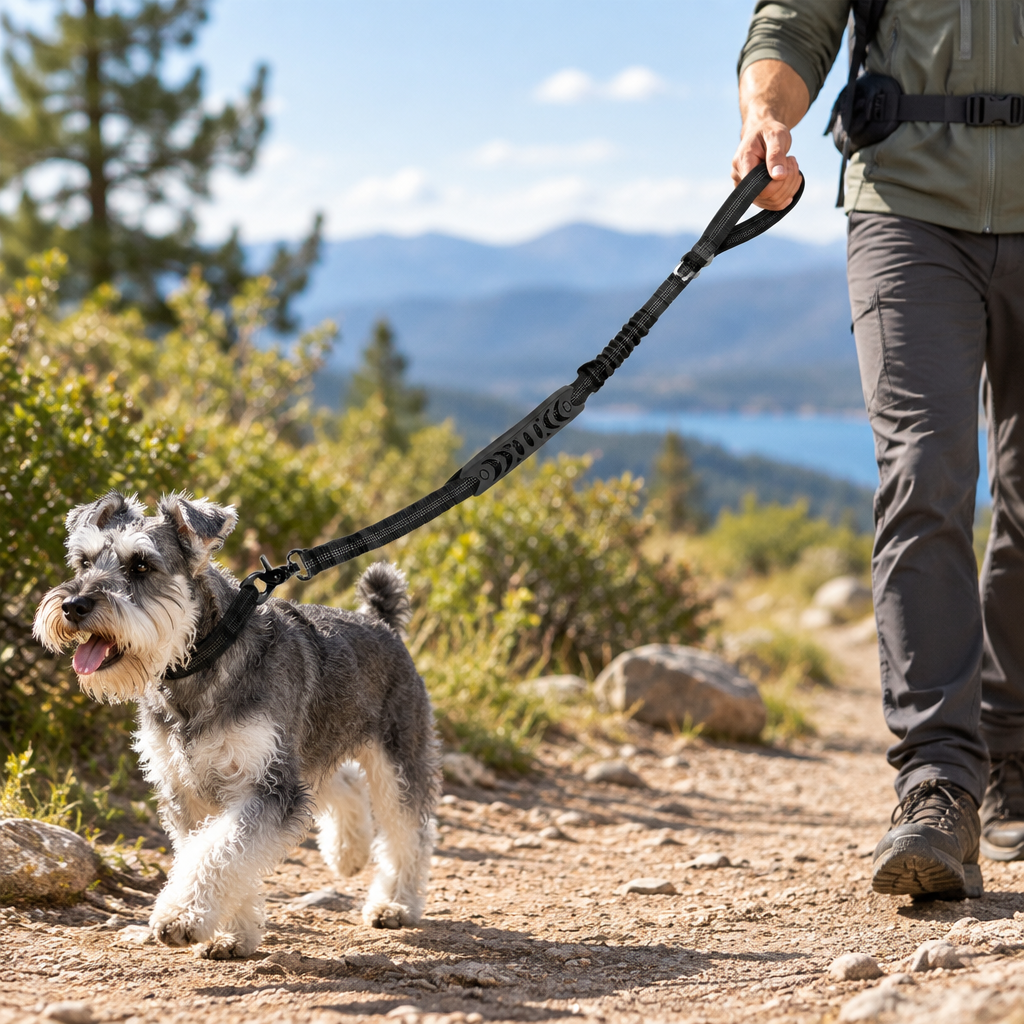 Dog and handler using the Tactical Shock-Absorbing Dog Leash on a scenic outdoor trail.