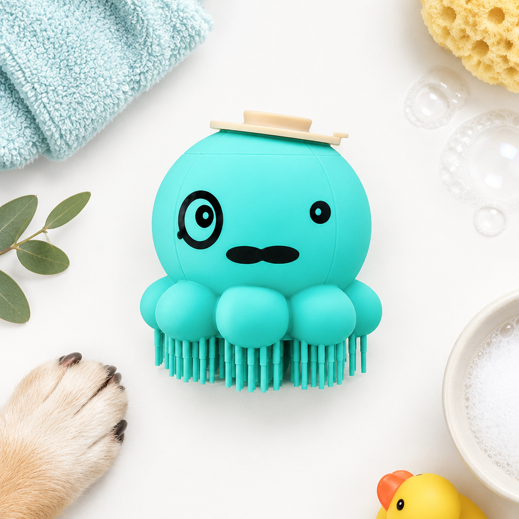 Bright minimal top-down flat lay of the turquoise Silicone Dog Bath and Massage Brush on a clean neutral surface.