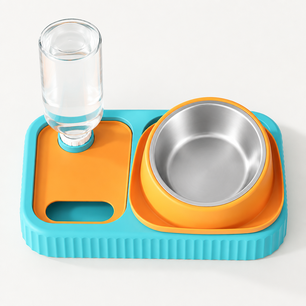 Bright minimal top-down view of the complete elevated cat and dog bowl set with gravity water dispenser.