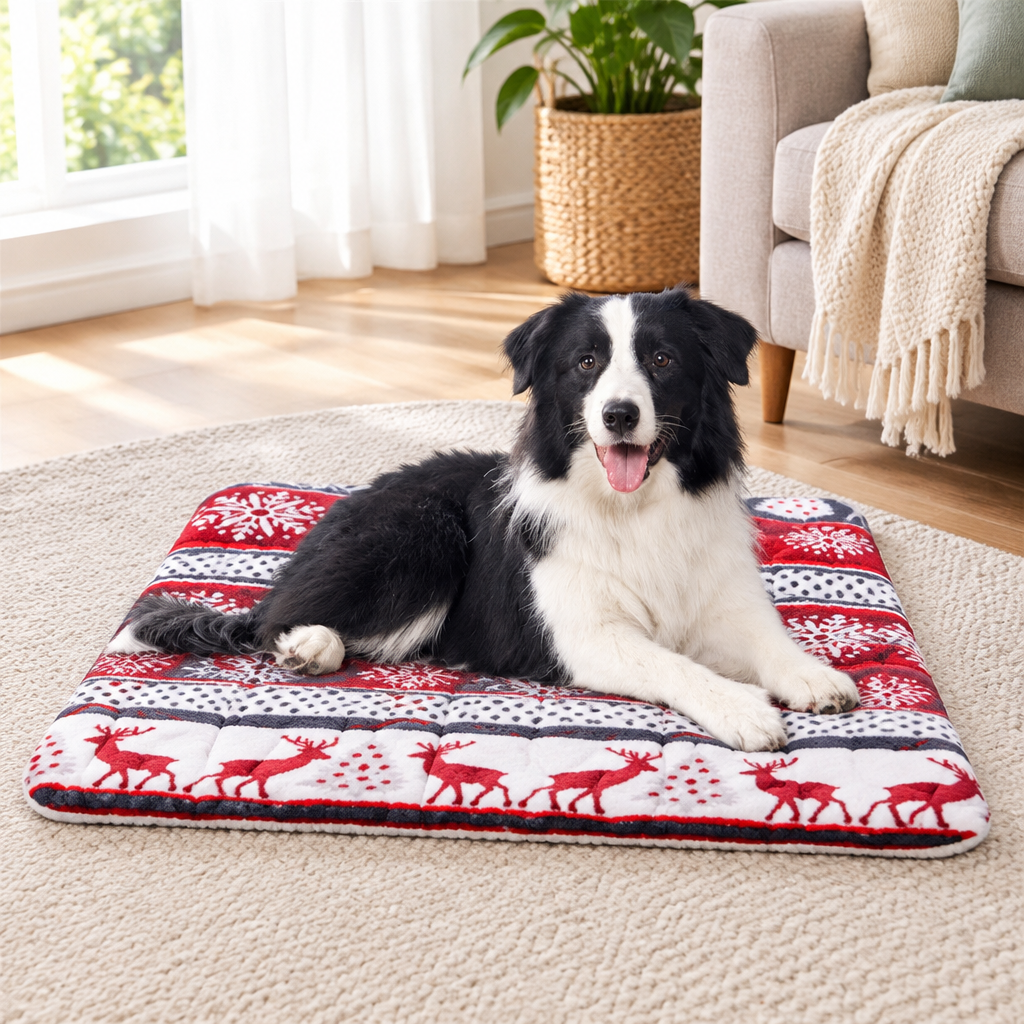 Relaxed dog resting on the Cozy Fleece Dog Blanket Mat in a bright home.