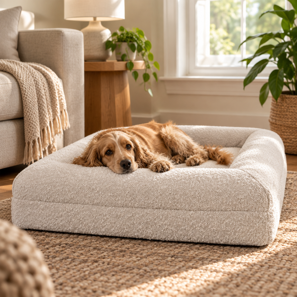 Memory Foam Dog Bed in a cozy living room with a relaxed dog nearby.