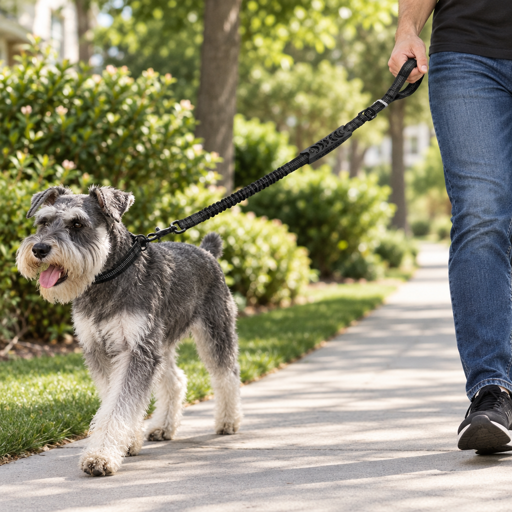 Medium or large dog being walked with the Tactical Shock-Absorbing Dog Leash on a neighborhood path.