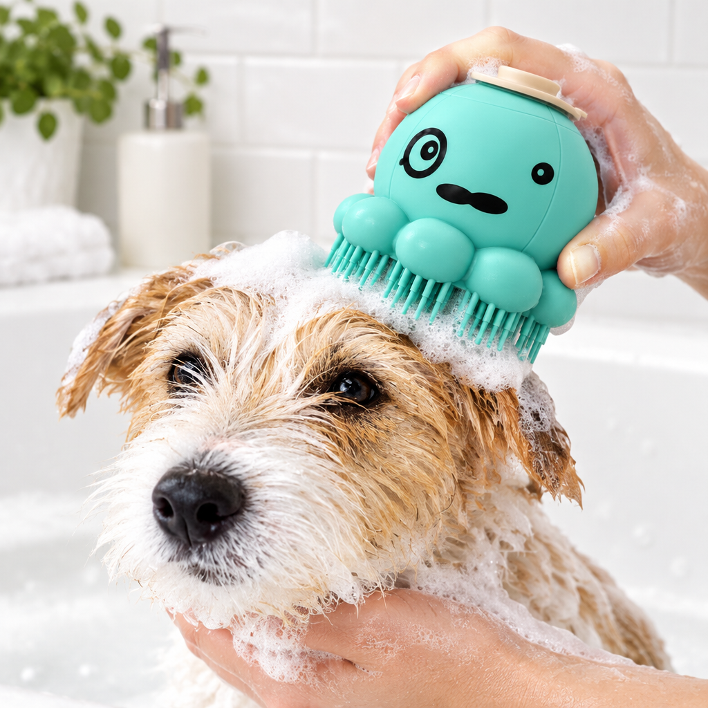 Calm dog receiving a gentle bath and massage with the turquoise Silicone Dog Bath and Massage Brush.
