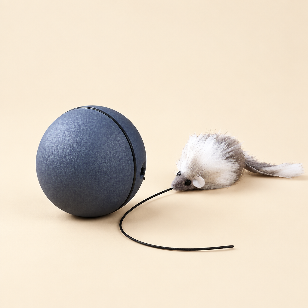 Automatic Rolling Ball Cat Toy on a soft cream background in a clean studio setting.