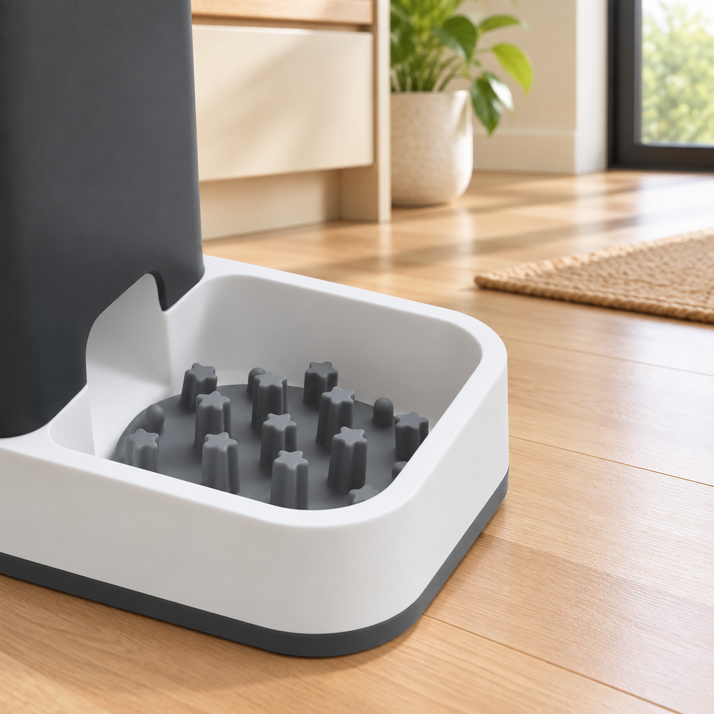 Star Slow Feeder Cat Bowl on a modern kitchen floor in a clean contemporary home.
