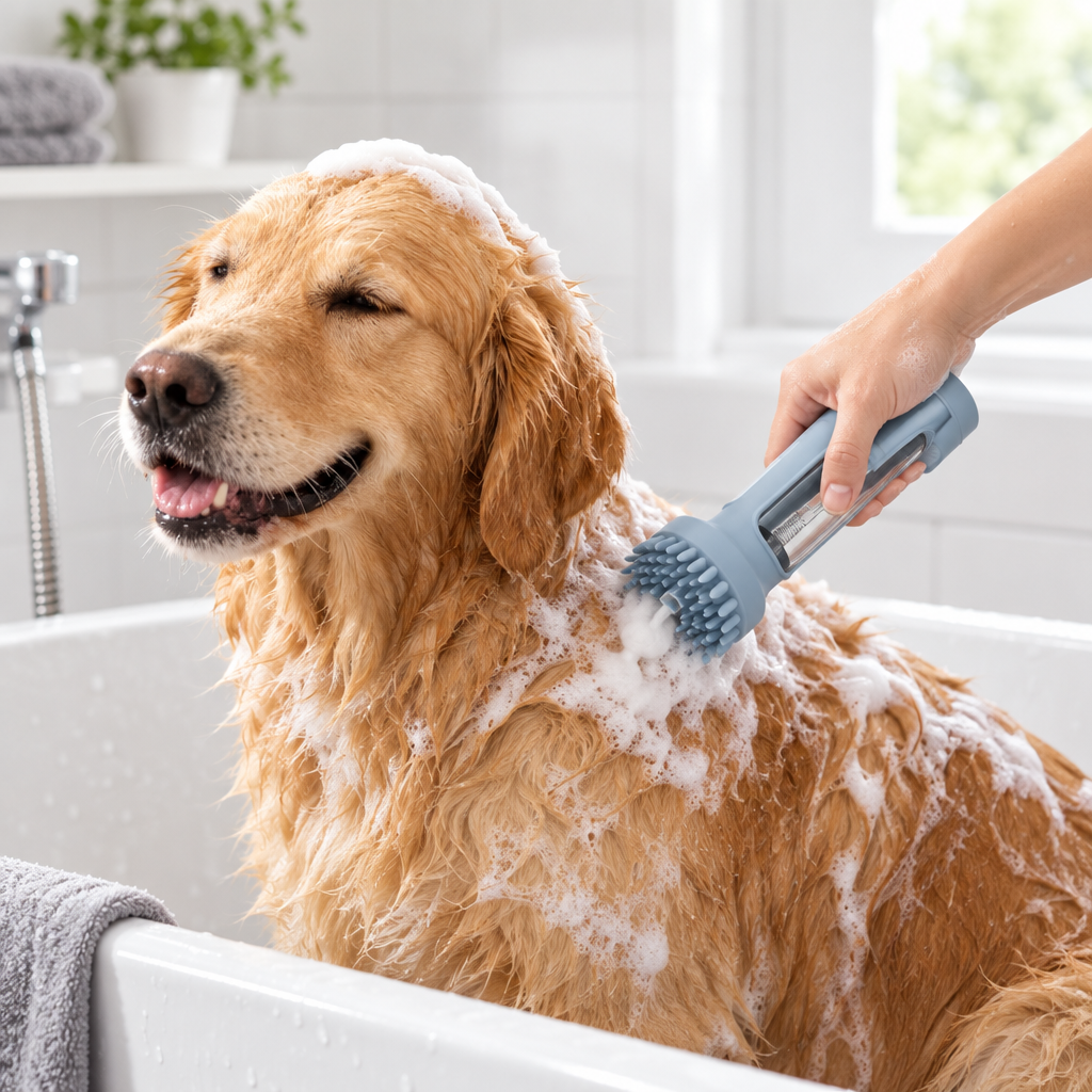 Calm dog receiving a gentle soapy bath with the Foaming Silicone Pet Bath Brush.