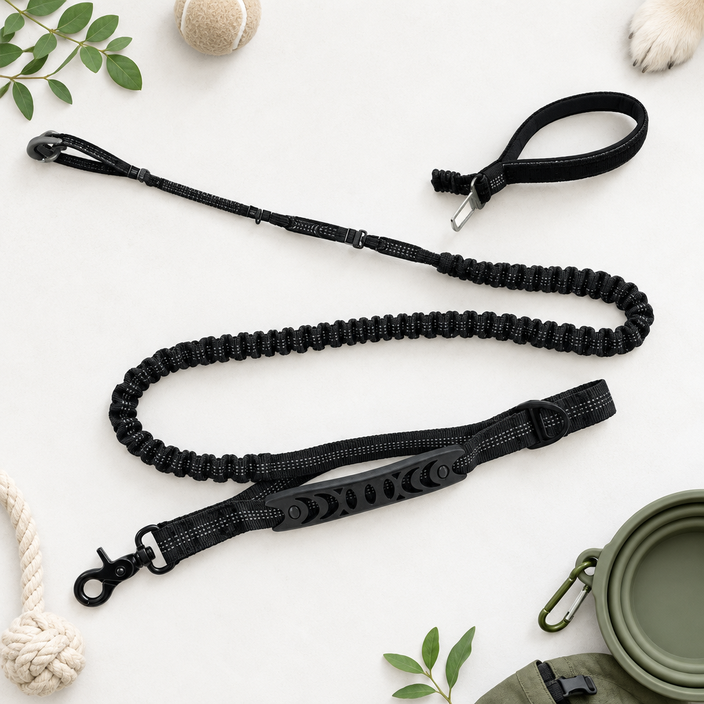 Bright minimal top-down flat lay of the Tactical Shock-Absorbing Dog Leash on a clean neutral surface.